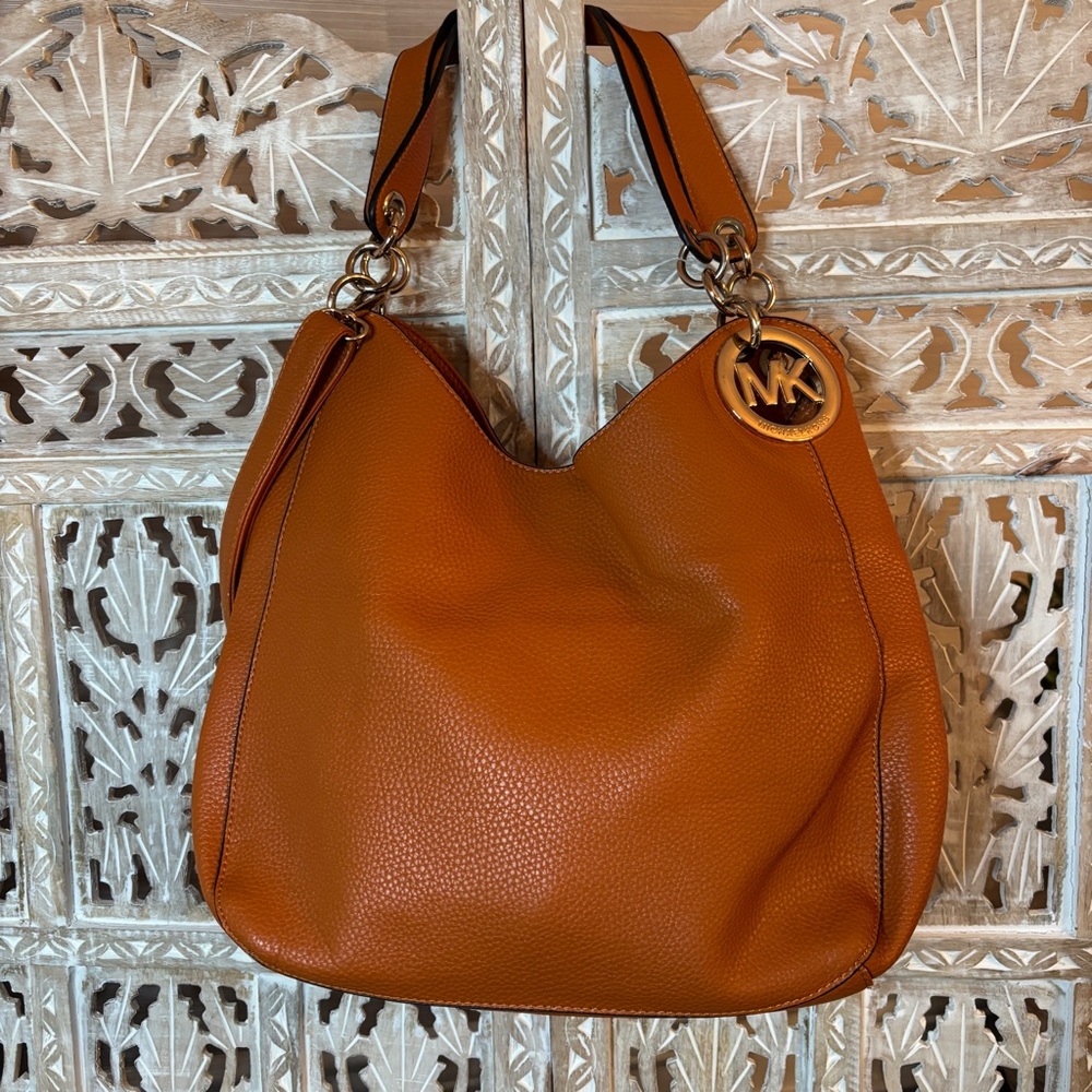 Womens Michael Kors Large Orange Pebbled Leather Hobo Shoulder Bag